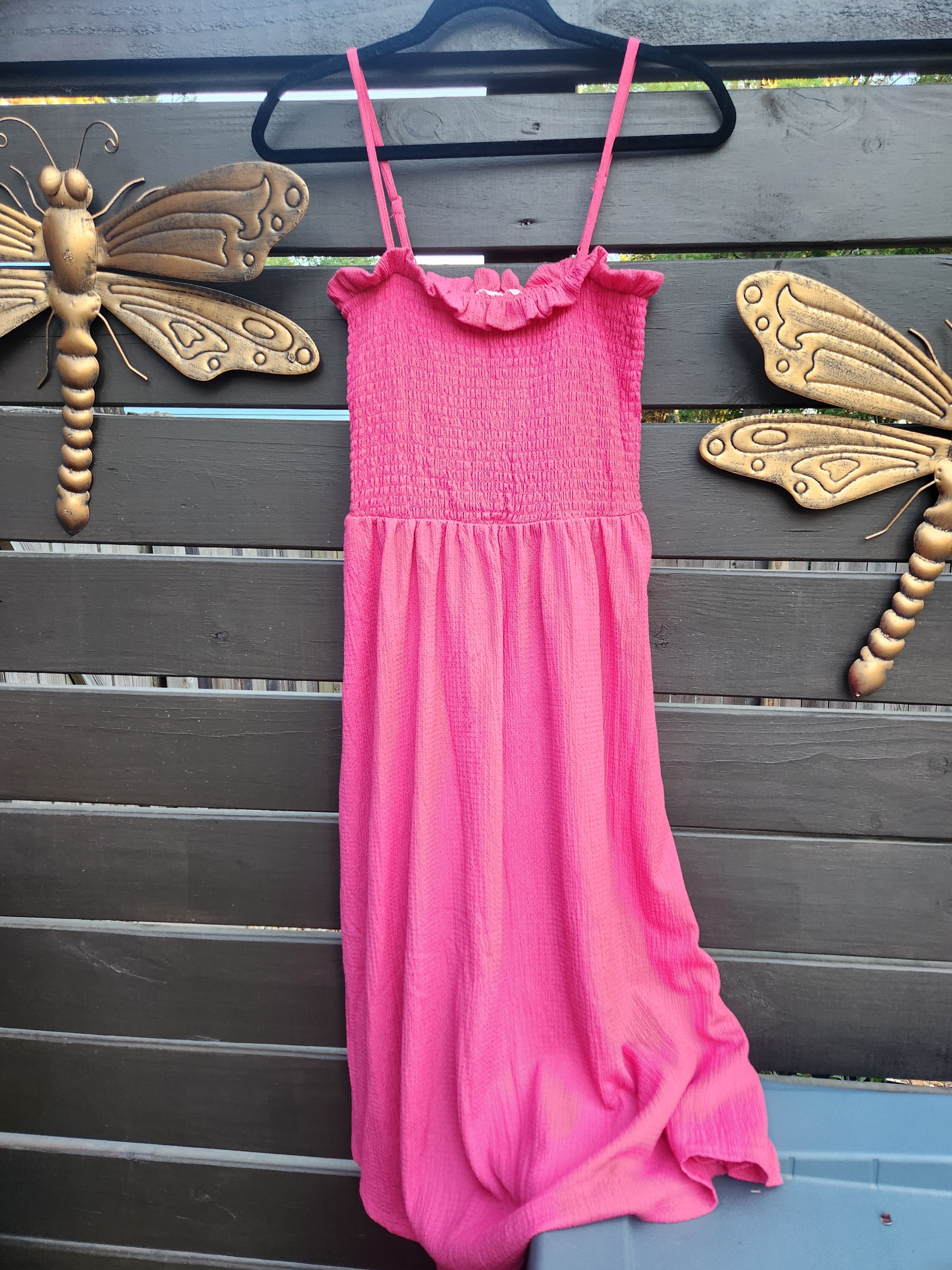 H&M Bright Pink Smocked Midi Dress With Ruffle Neckline
